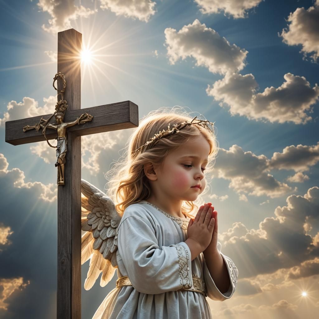 A little angel praying at the cross