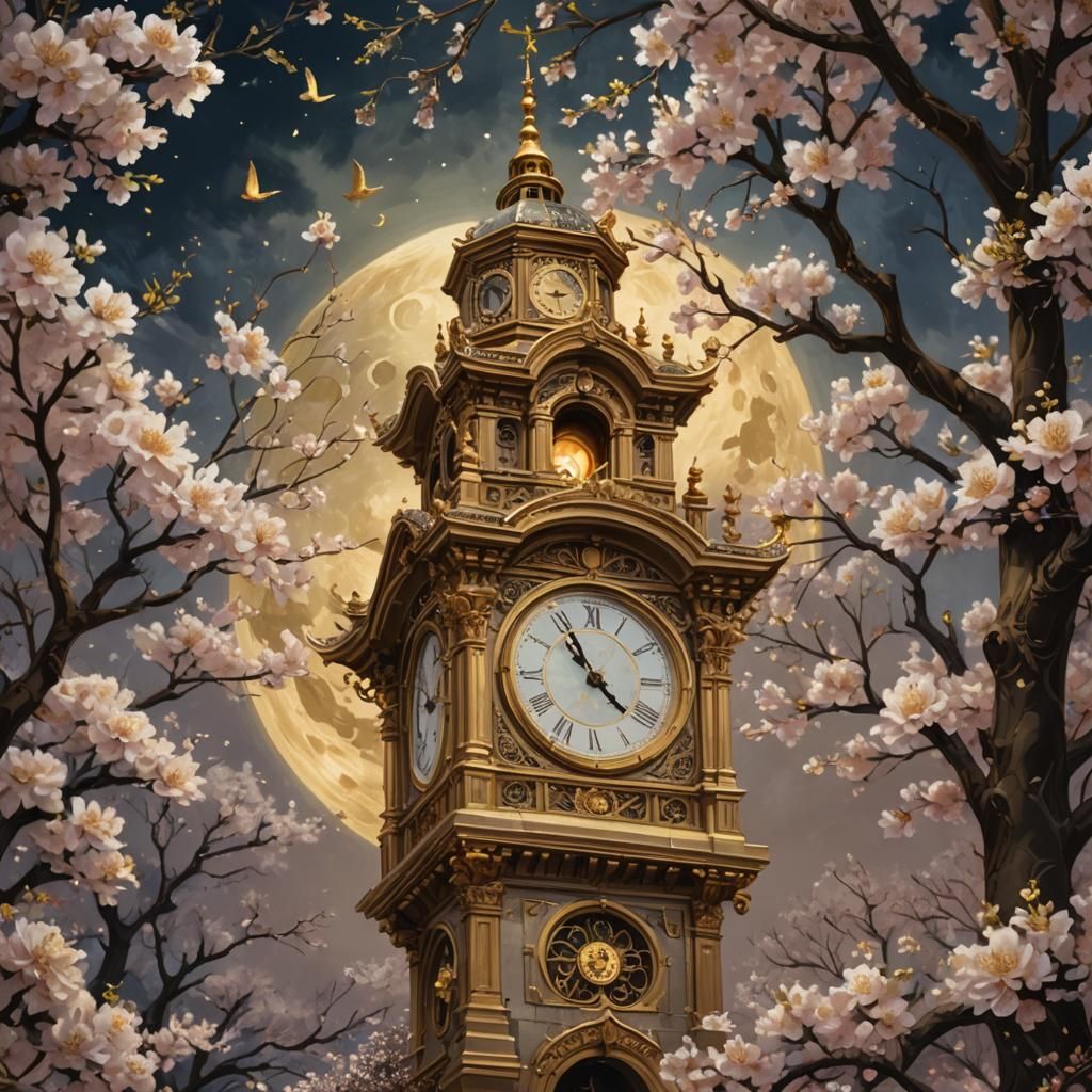 Golden Clock Tower in Moonlit Garden as Digital Art