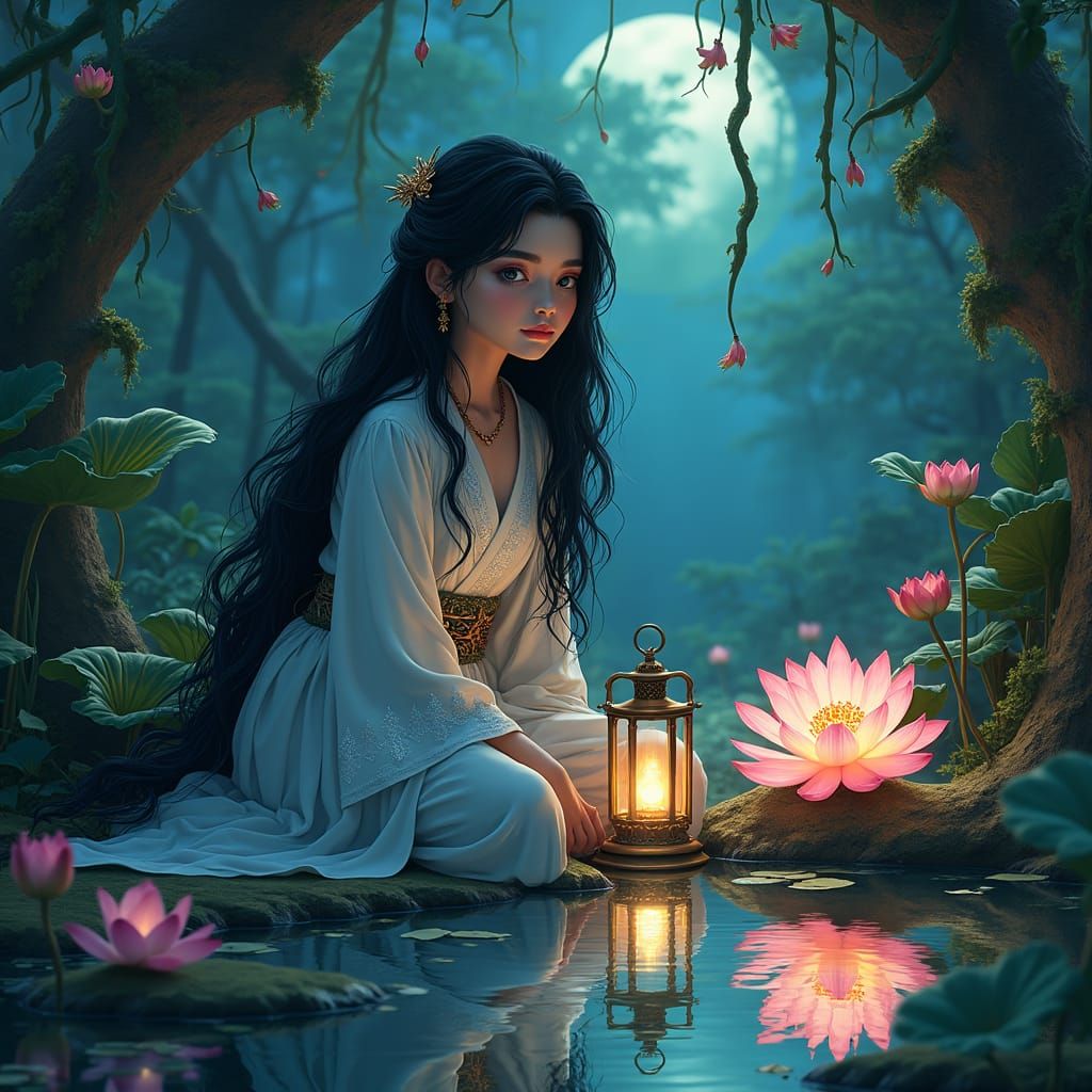 Mystical Moonlit Garden Scene in Dreamlike Fantasy Art