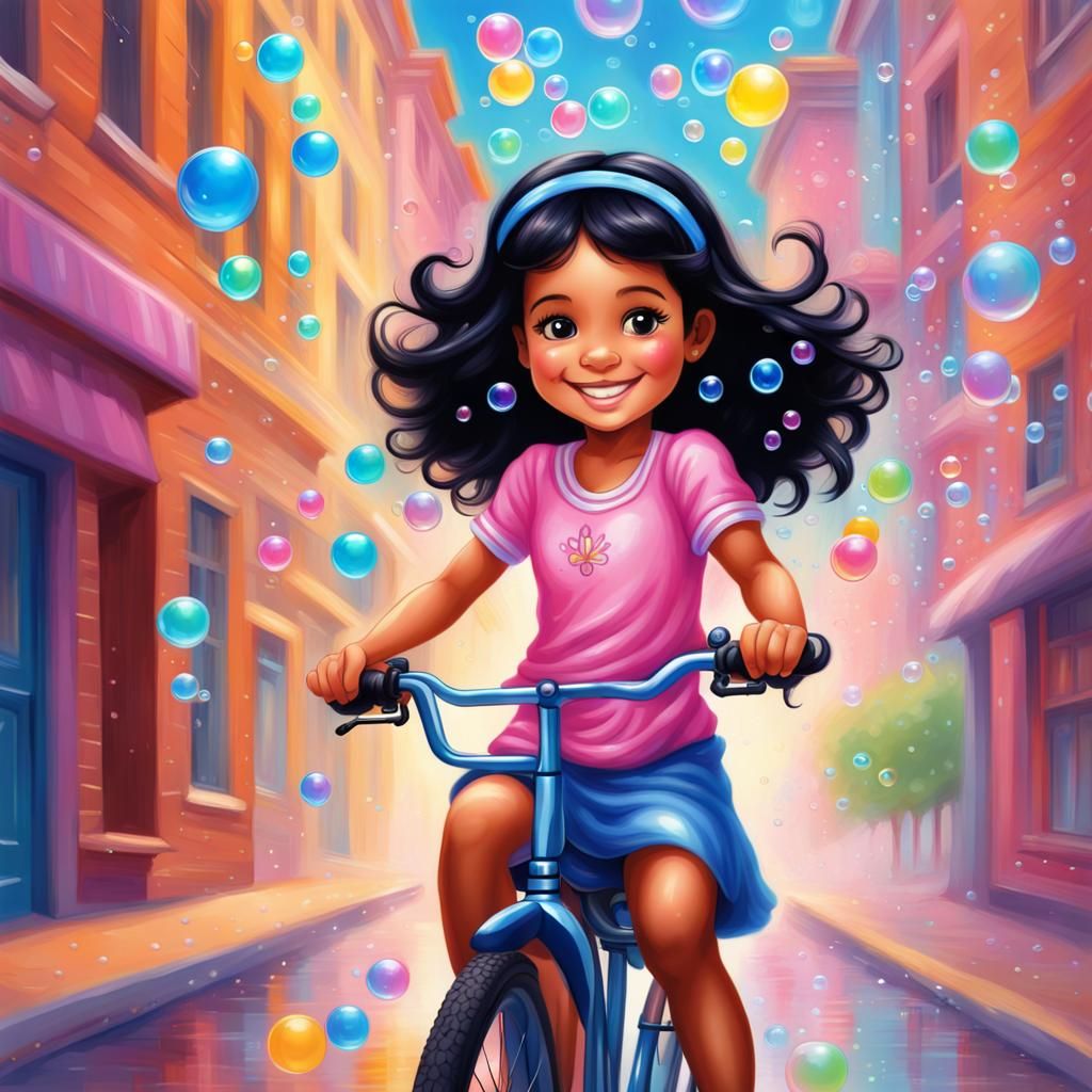 Princess on Bicycle Surrounded by Bubbles