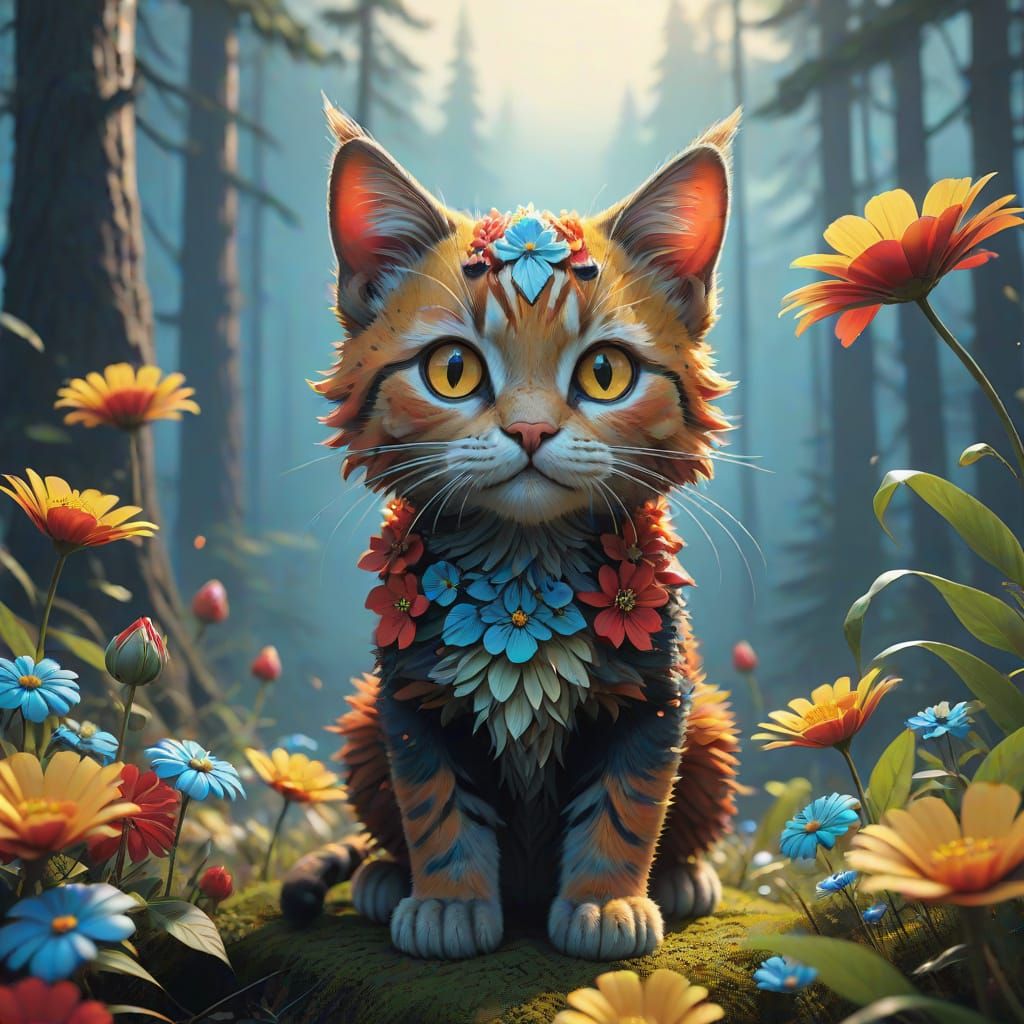 Whimsical Floral Feline in Serene Dreamlike Scene