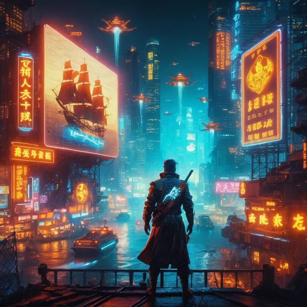 Cyberpunk Pirate in Neon Sydney: Syd Mead Style