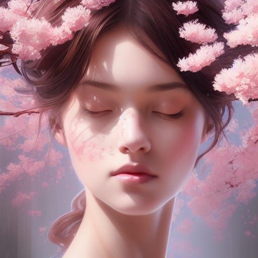 Cherry Blossom Girl Portrait in Hyperdetailed Style