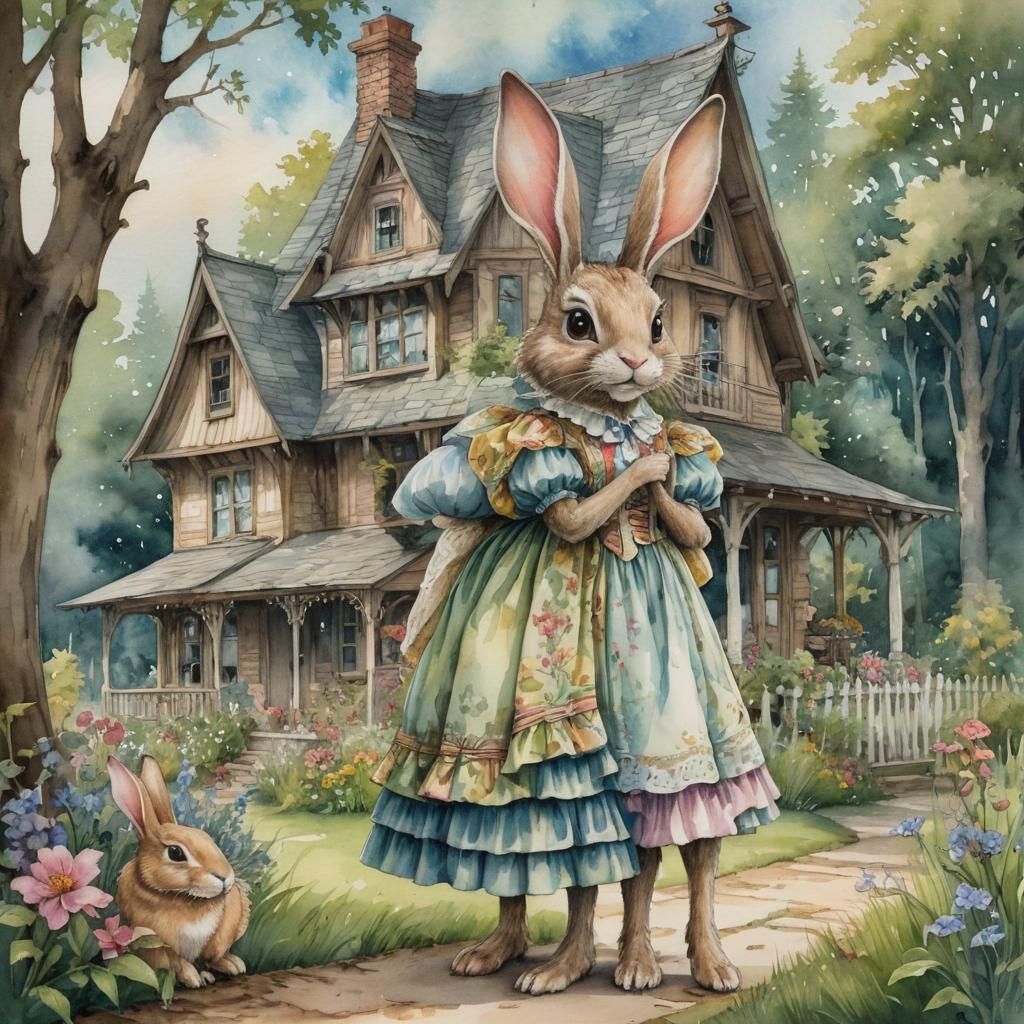 Victorian Rabbit Creature in Mystical Forest Illustration