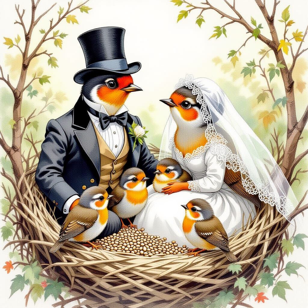 Robins Celebrate Wedding in Whimsical Illustration