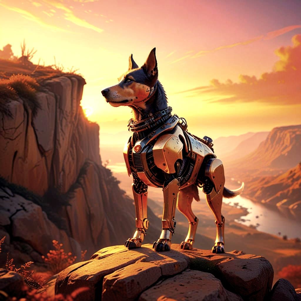 Cyborg Dog Surveys Futuristic Landscape at Dawn