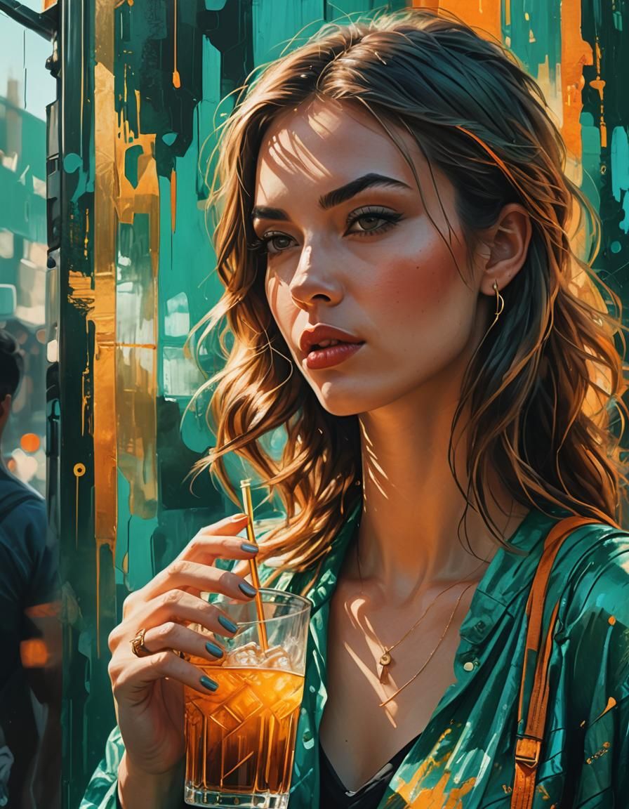 Fashionable Woman Sipping Drink in Hyper-Realistic Digital A...