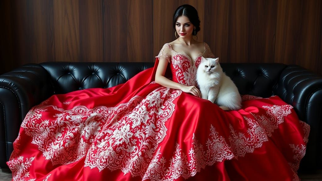 Luxurious Red Ball Gown Beauty in Photorealistic Portrait