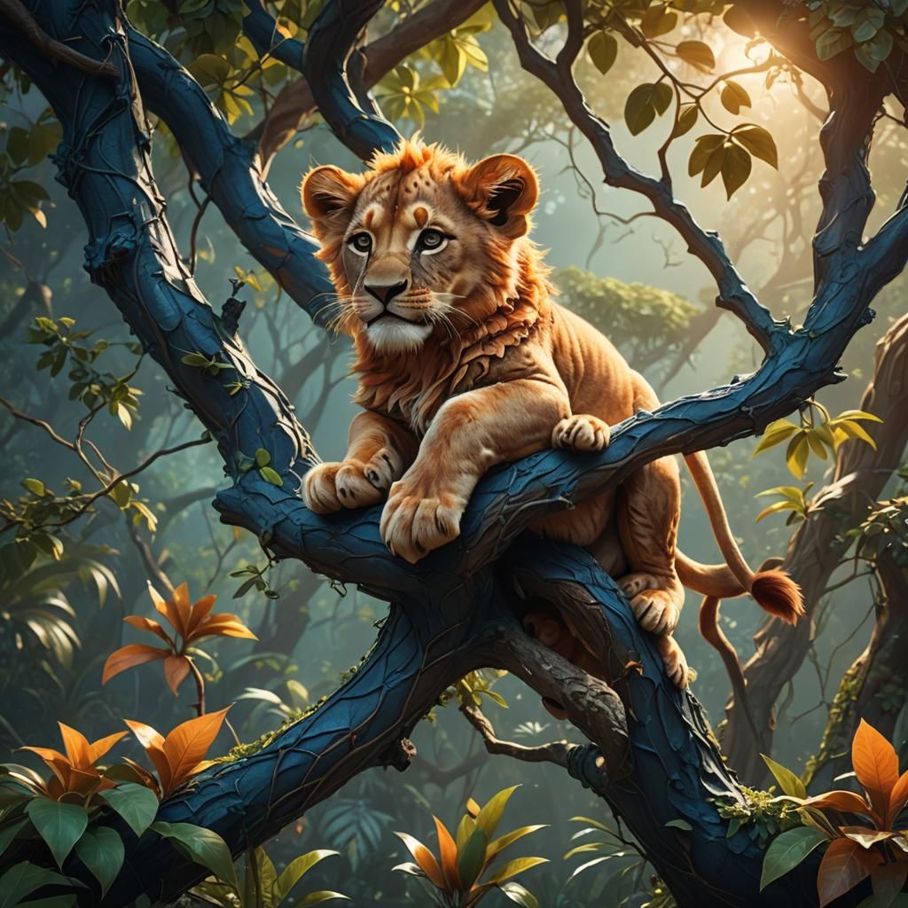 Cute Lion Cub in Surreal Jungle Concept Art