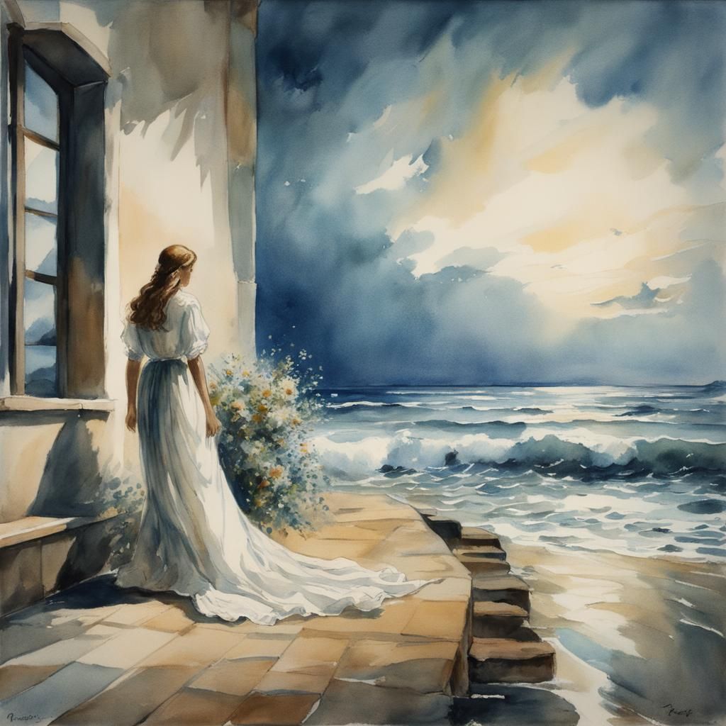 Woman in White Dress by the Sea, Watercolor Lithograph