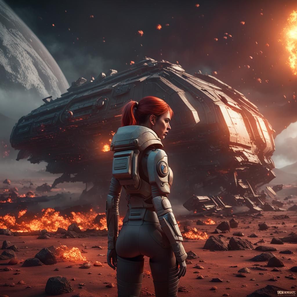 Crashed Spaceship on Alien Planet in 3D Style