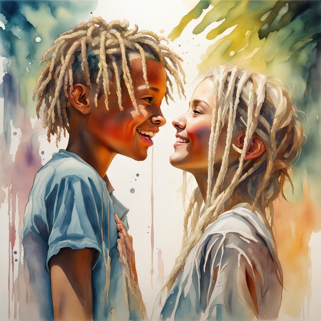 Happy Children Spreading Joy: Art Nouveau Watercolor