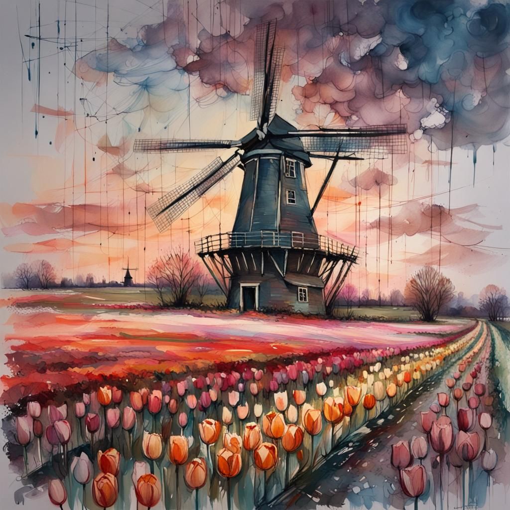 Dutch Tulip Field at Dusk in Watercolor Style