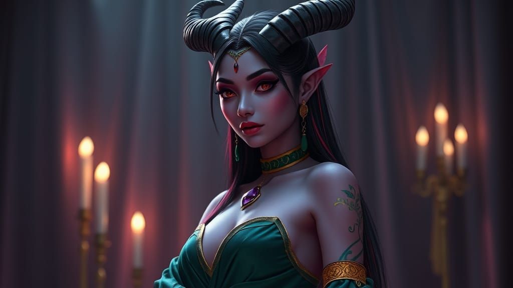 Refined Oni in Velvet Chamber, Art Nouveau Style