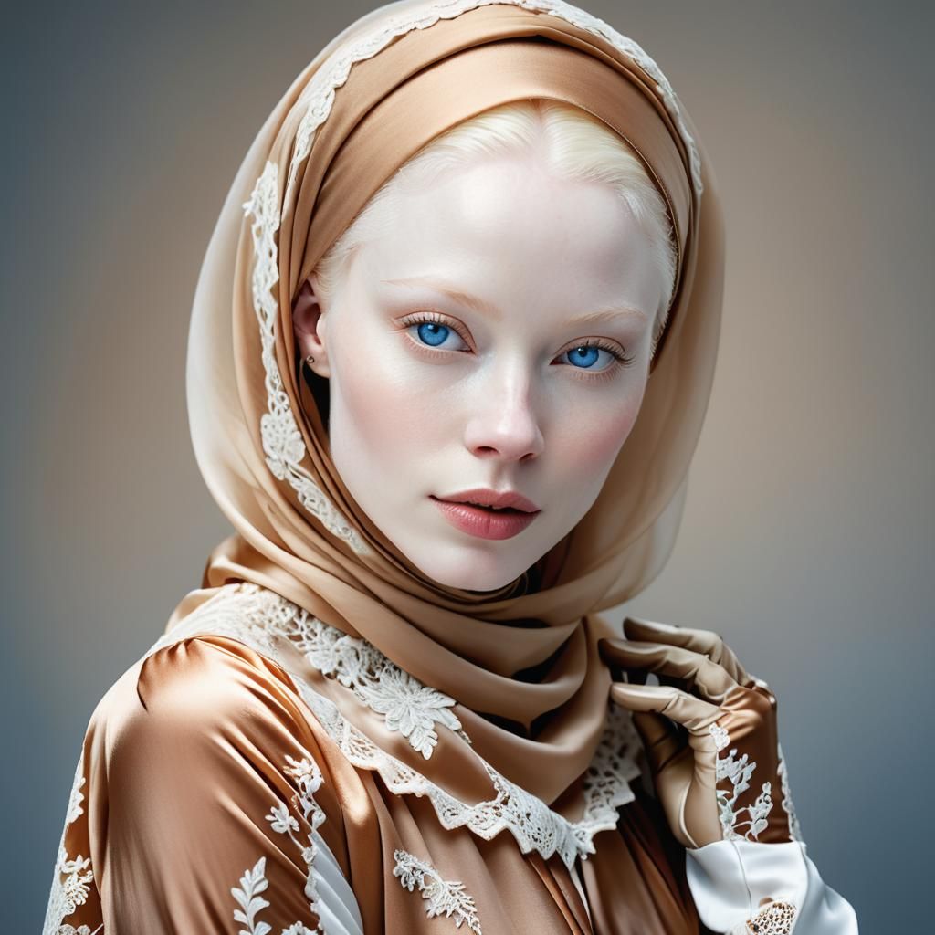 Albino Woman Portrait in Tan Lace Dress
