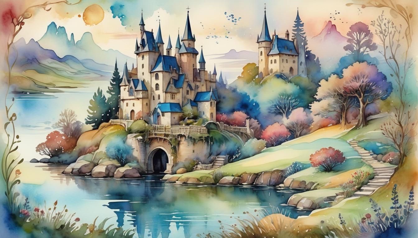 Whimsical Watercolor Fantasy Landscapes with Antique Texture...