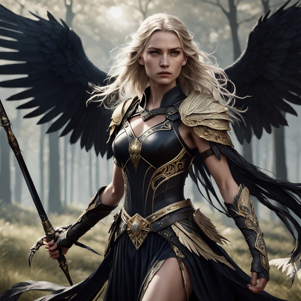 Blonde Warrior with Black Wings in Ethereal Setting