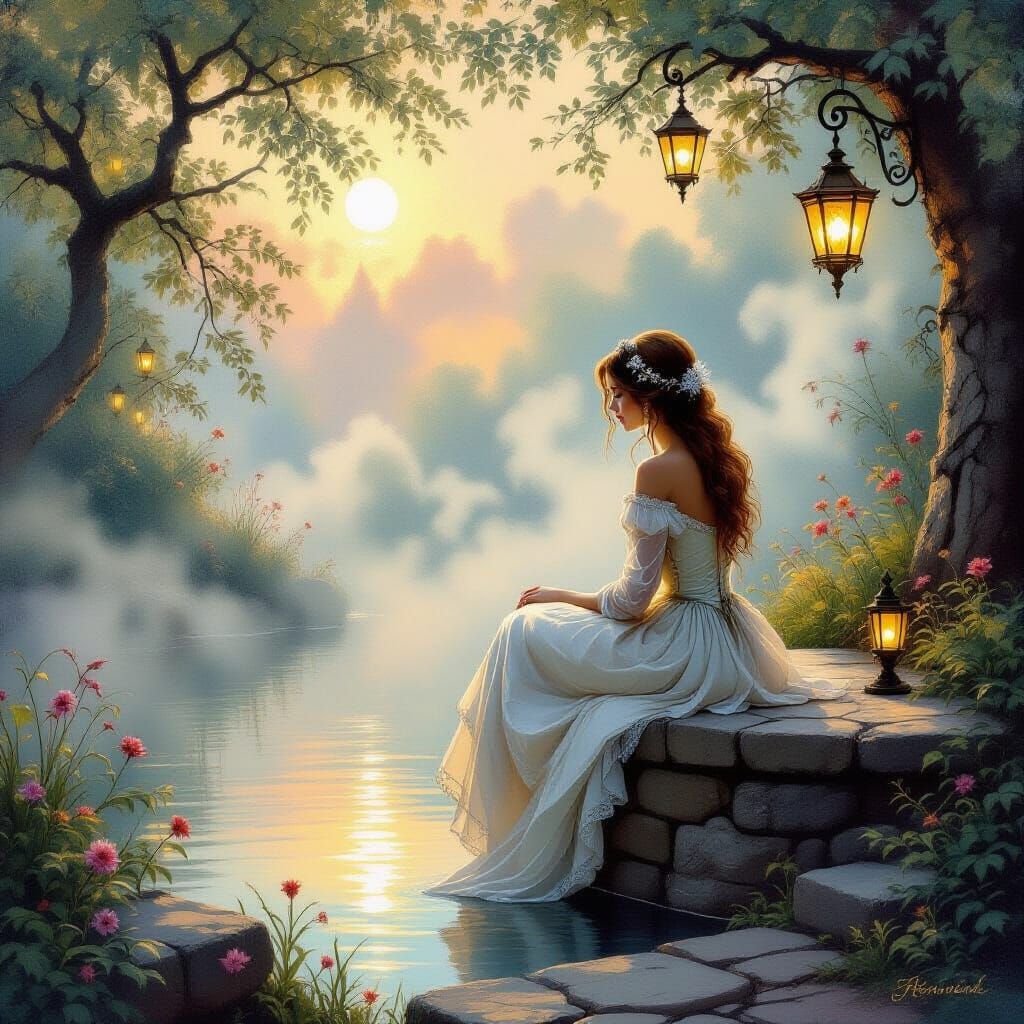 Princess at Misty Well: Ethereal Gouache Painting