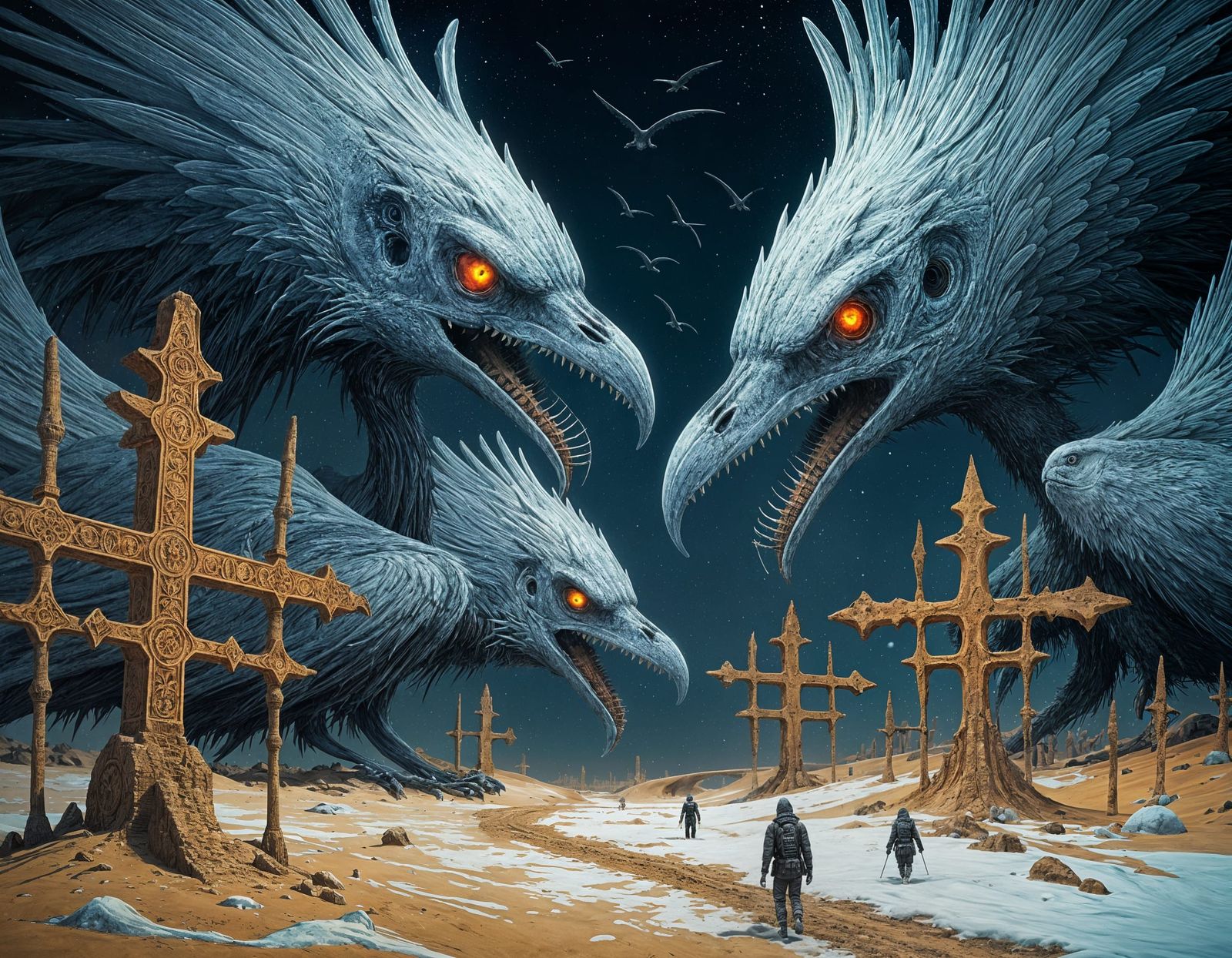 Surreal Fractal Landscape with Ravenous Fossils and Striders