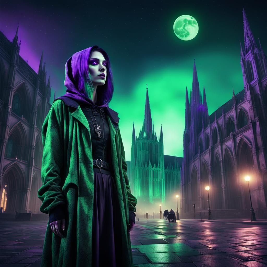 A gothic pour homeless girl wearing gothic clothes standing ...