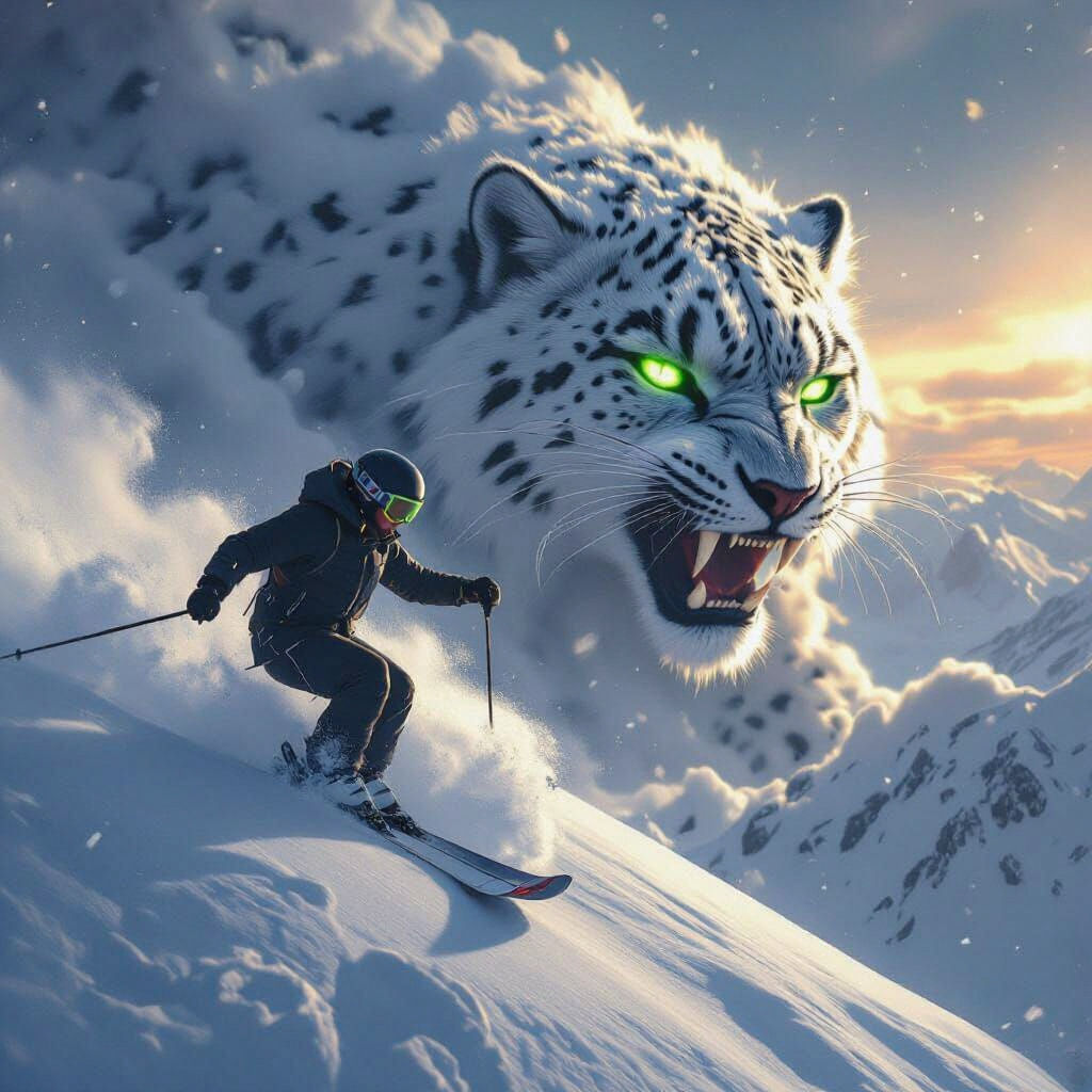 Skier's Descent: Roaring Snow Leopard in Winter Storm