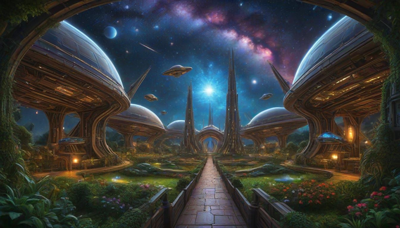 view through large portals of galactic ark fleet beautiful e...