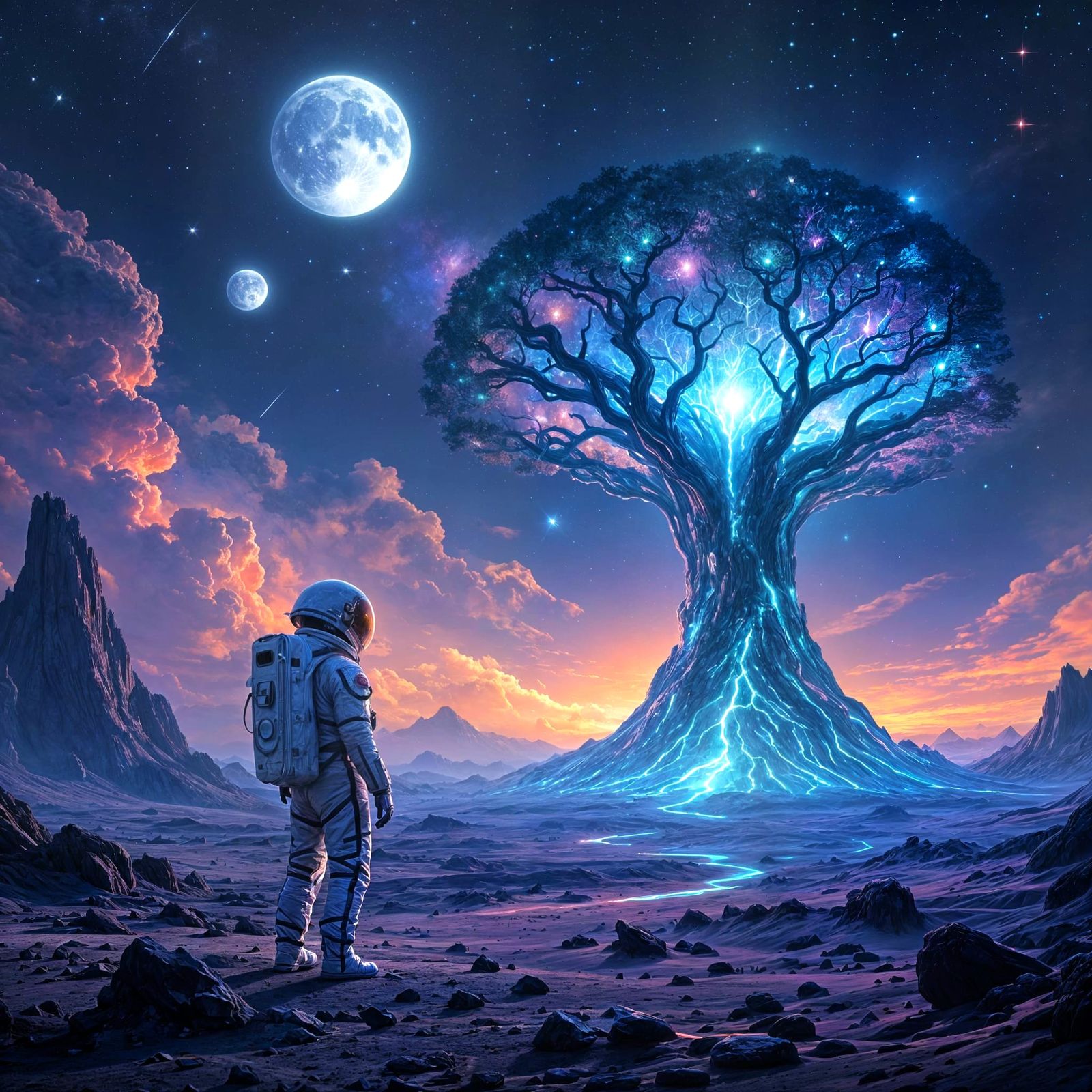 Astronaut Gazes at Bioluminescent Crystal Tree on Alien Plan...