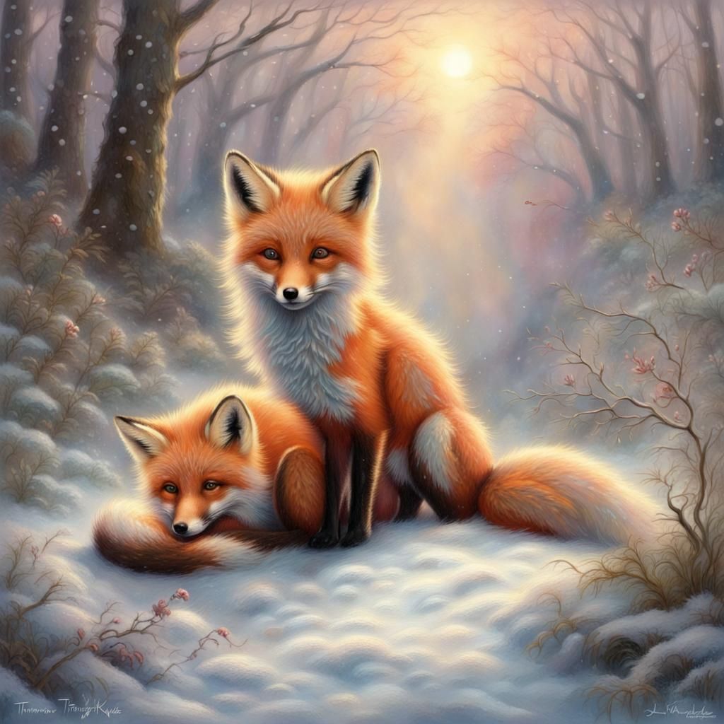 Adorable Fox Family in Winter Wonderland