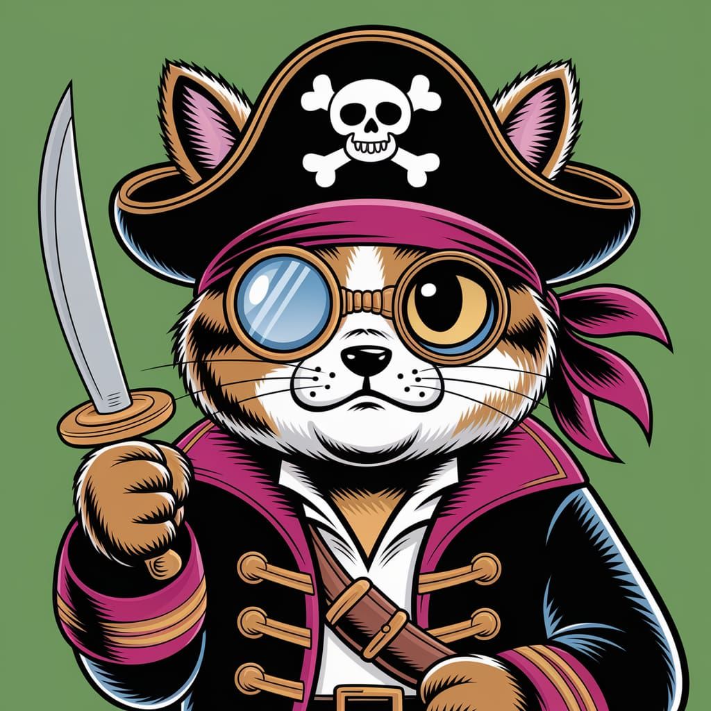 Angry Pirate Cat with Spyglass, Comic Book Art