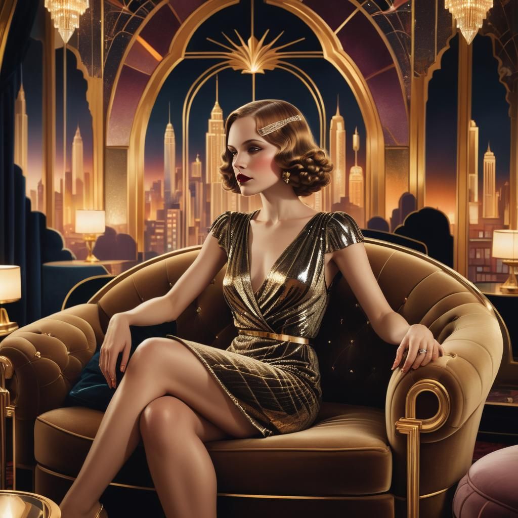 Elegant Art Deco Living Room with Cityscape View