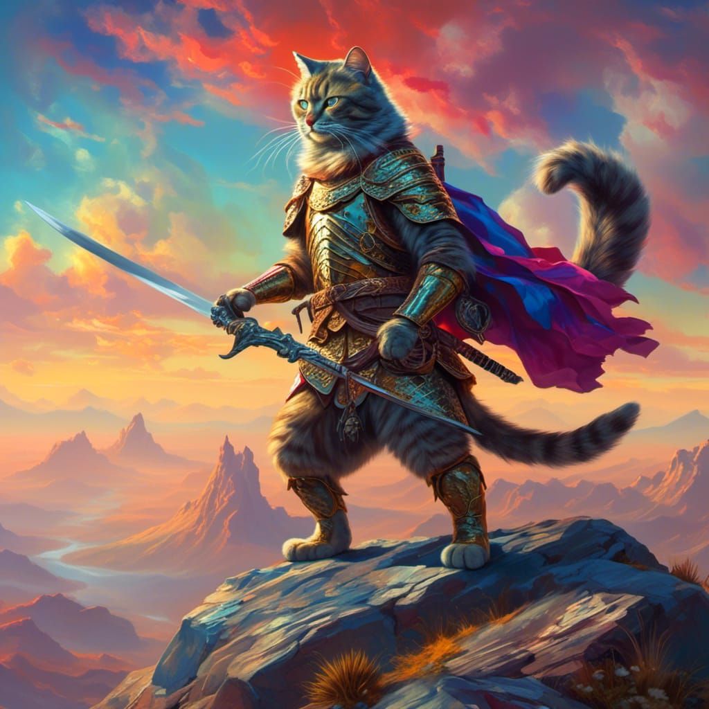 Cat Warrior on Mountain Peak in Oil Painting Style