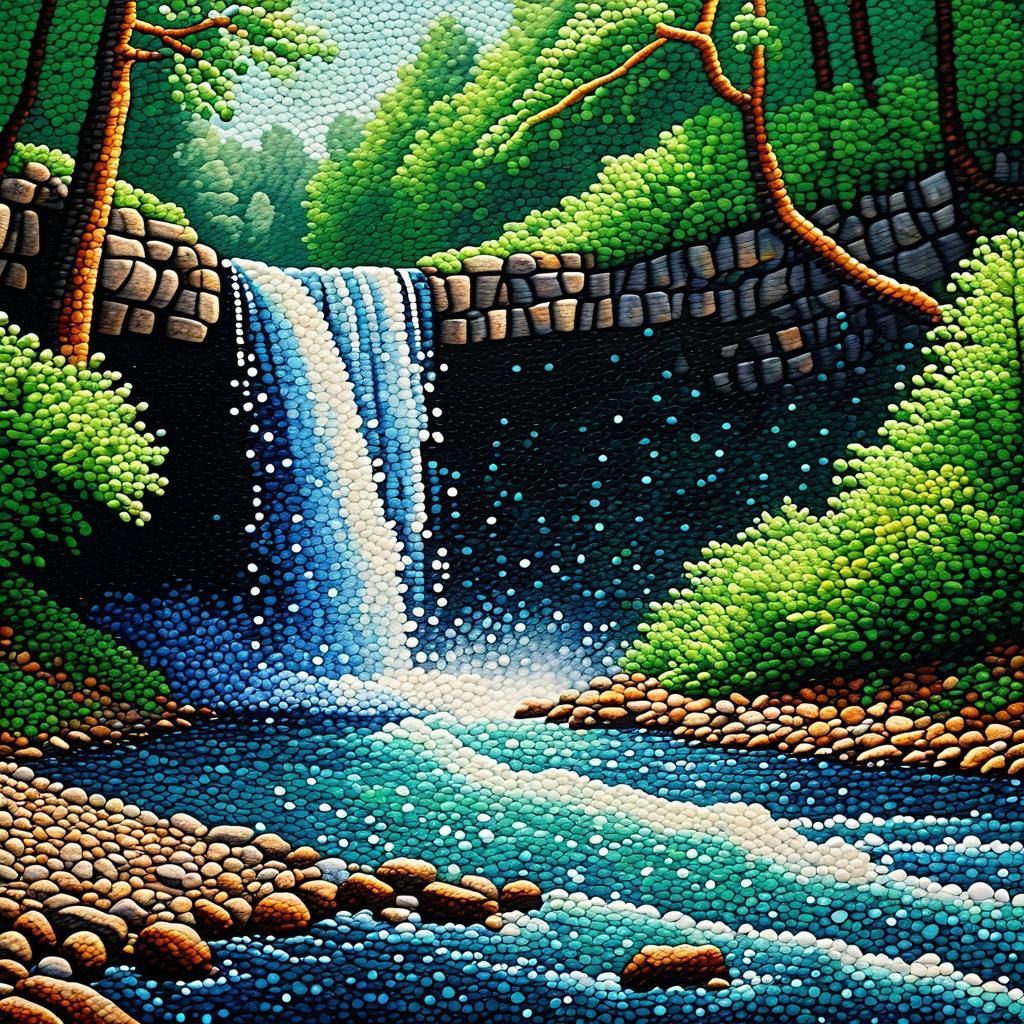 Pointillist Waterfall Painting on Pebbled Riverbed
