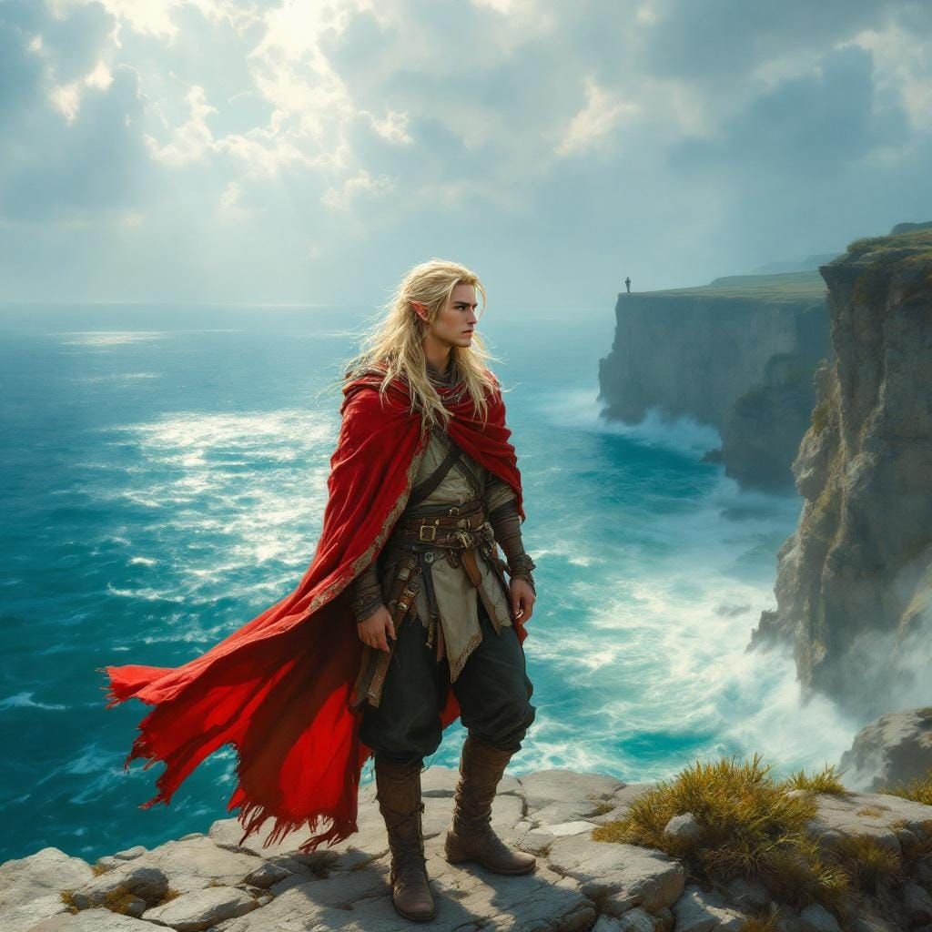 Ethereal Elf Gazing at a Turbulent Ocean, Oil Realism