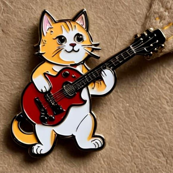 Cat Playing Guitar Enamel Pin Close-Up