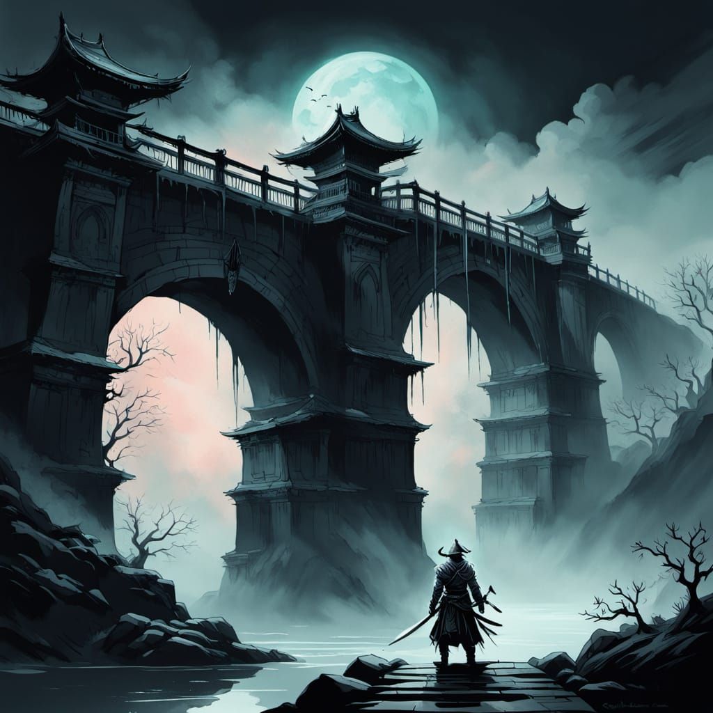 Spectral Samurai Warrior with Glowing Katana on Crumbling Br...