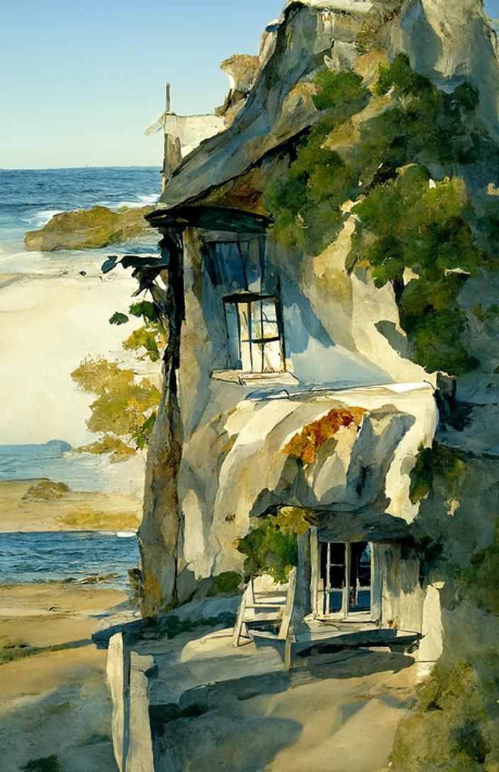 Seaside Cottage in Watercolour Style