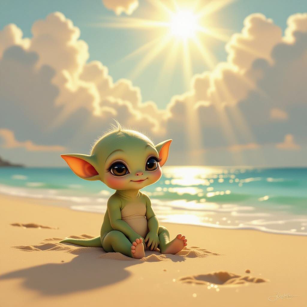 Adorable Baby Alien on a Beautiful Beach at Golden Hour