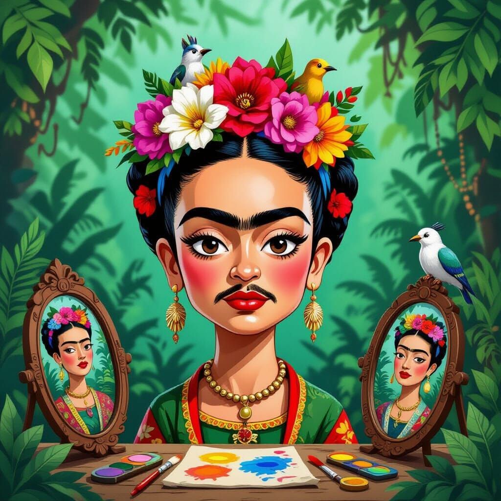 Vibrant Caricature of Frida Kahlo with Surreal Animals