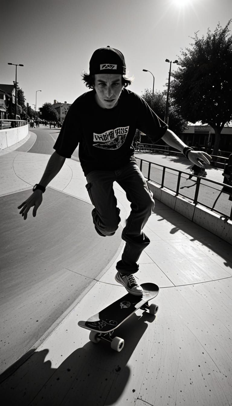 photo in the style of Andre Kertesz and Thrasher magazine taken in the 1990s,