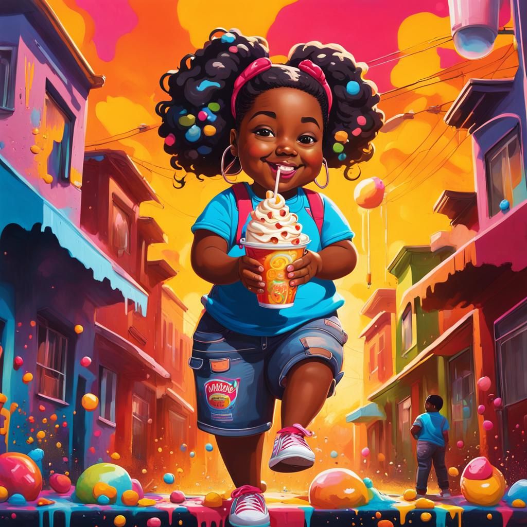 Happy Girl Enjoys Sundae in Graffiti Art Style