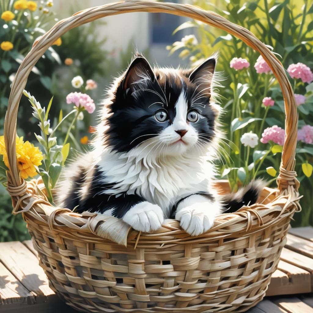 Fluffy Kitten in Basket: Voluminous Watercolor Drawing