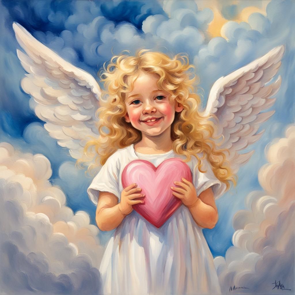 cute little girl cherub angel with long curly blonde hair smiling wearing a gold and white toga she is holding a pink he...