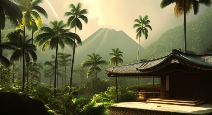 Heavy rain shower, Old japanese architecture hut below volca...