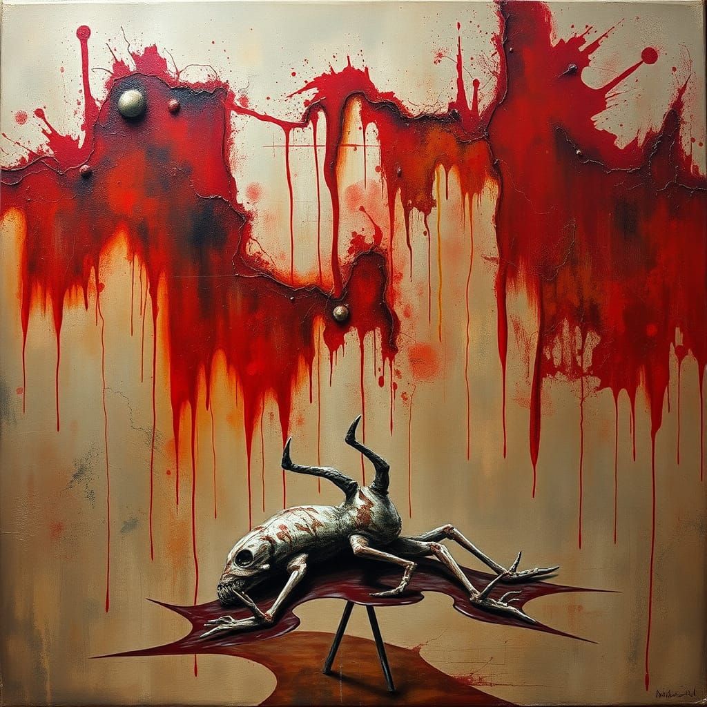 Surreal Roadkill Wall: A Salvador Dali-esque Oil Painting