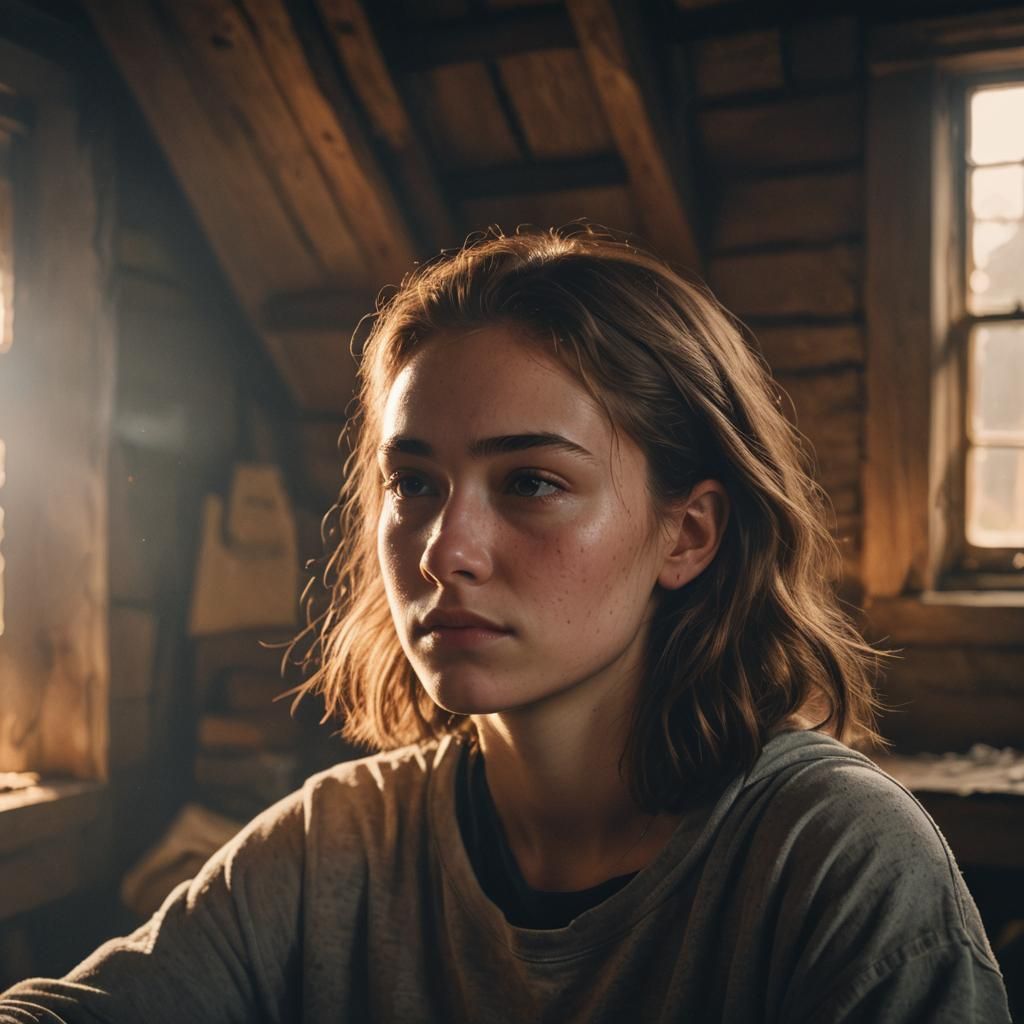 A Teenage Girl in an Atmospheric Attic Scene