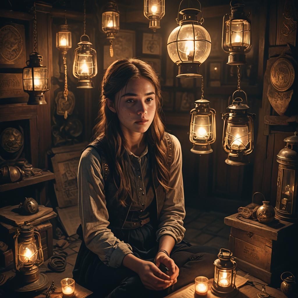 Mysterious Teenage Girl in an Atmospheric, Dimly Lit Room