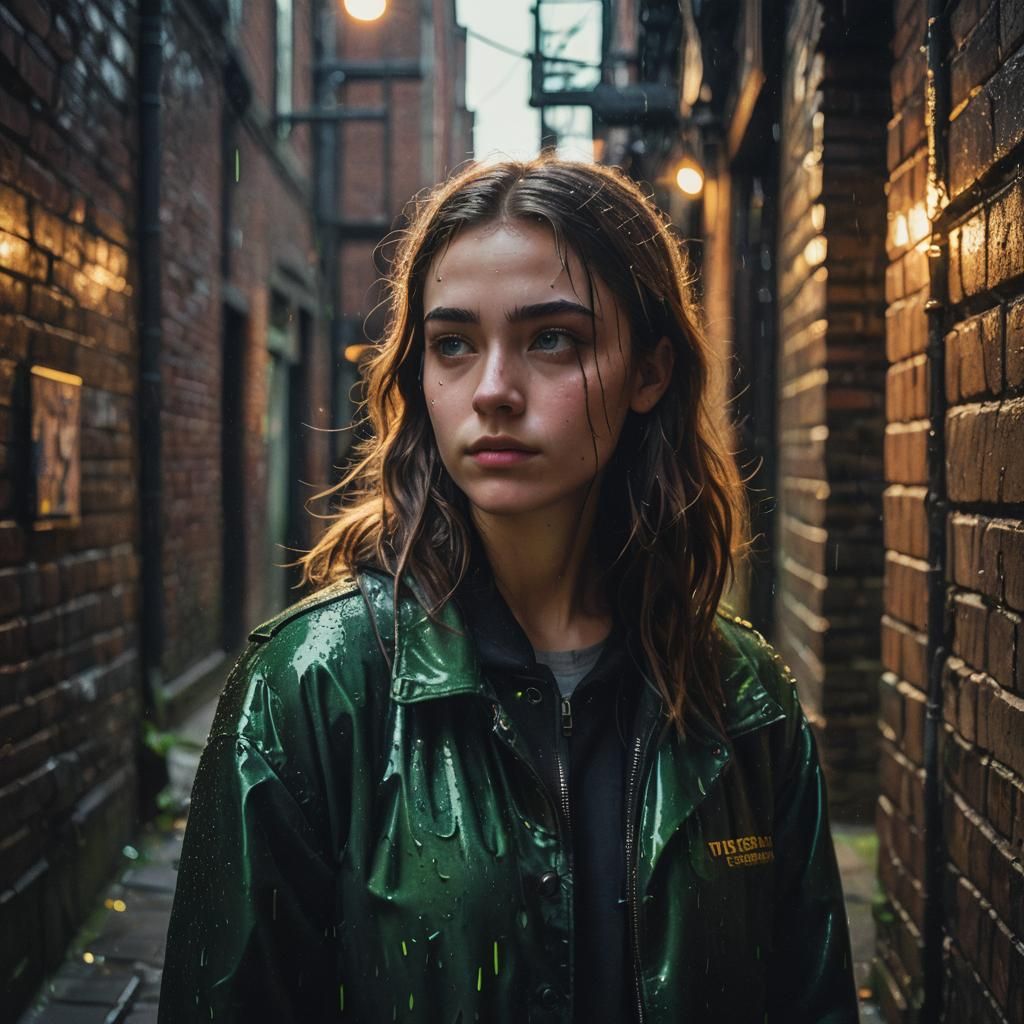 A Moody Teenage Girl in a Rainy Alleyway, Captured in Hyperr...