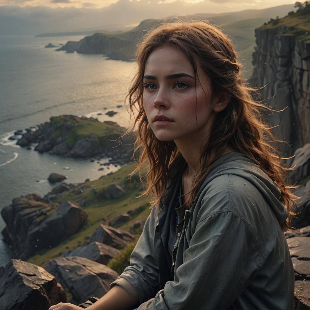 Teenage Girl Overlooking Misty Landscape in Digital Art