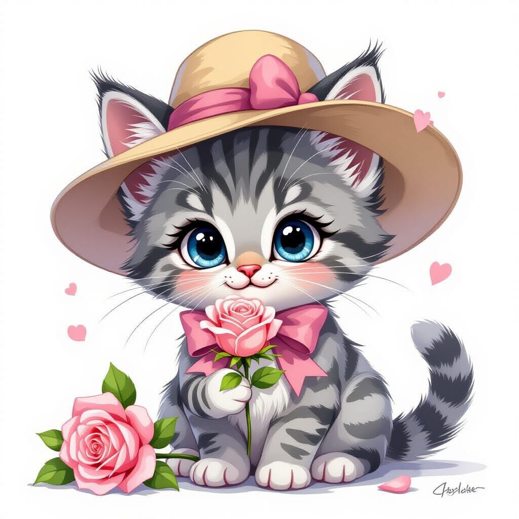 Charming Kitten in Hat with Rose, Disney Style