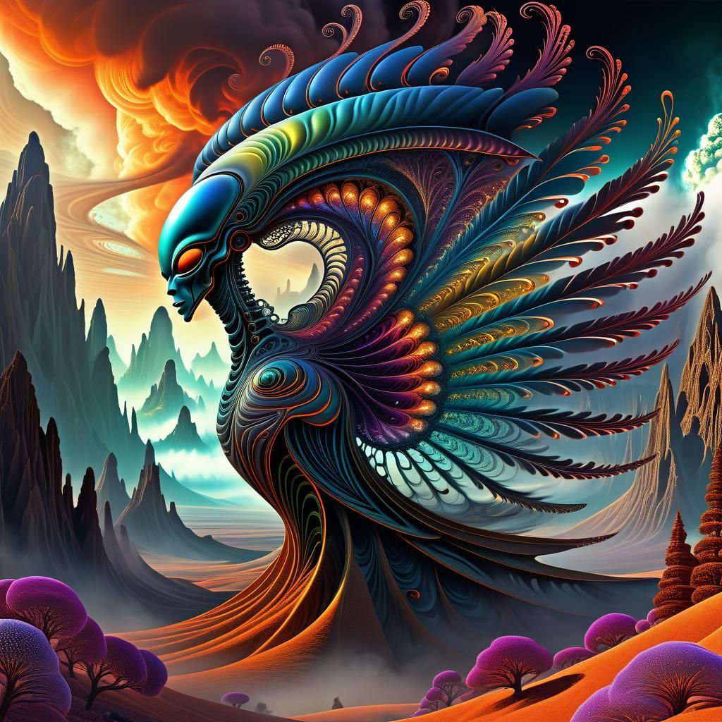 Alien Lifeform in Swirling Gothic Landscape
